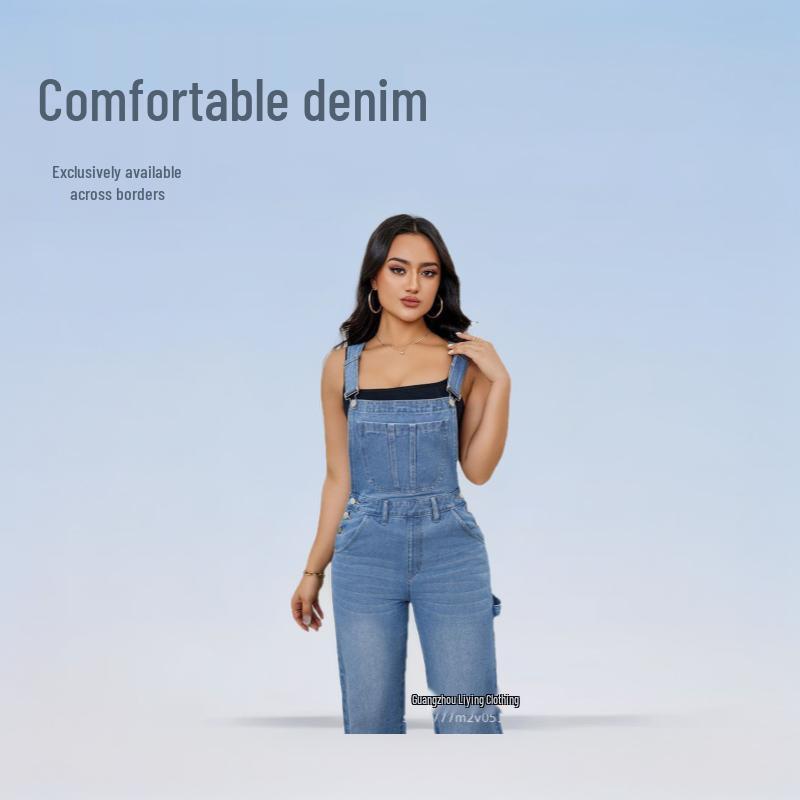 

Women s Trendy Washed Denim Overalls - European & American Style Medium