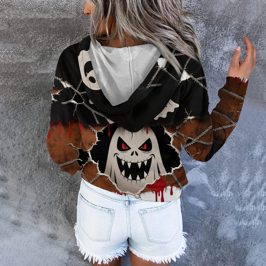 Women's Casual Round Neck Long Sleeved Top With Shattered Halloween Print Hooded Sweatshirt