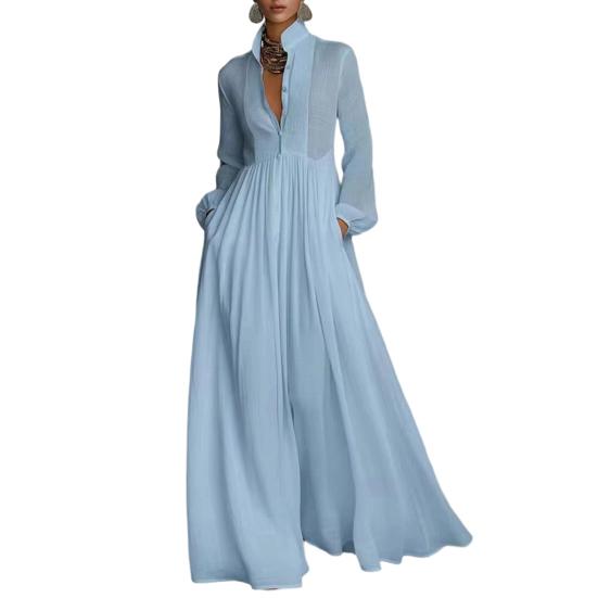 

Women Dress Stand Collar Long Sleeve Buttons Down Maxi Dress with Functional Pockets Pleated Flowy Hem Holiday Dress S синий