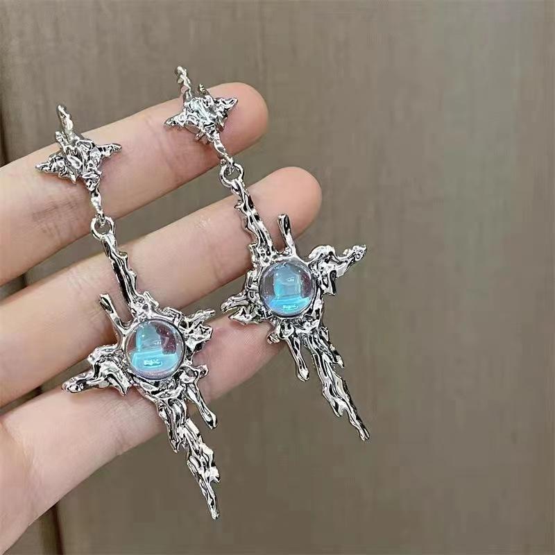 2023 Trend Cross Moonstone Dangle Earrings Women Girl Irregular Liquid Metal Cross Crystals Drops Earrings Jewelry