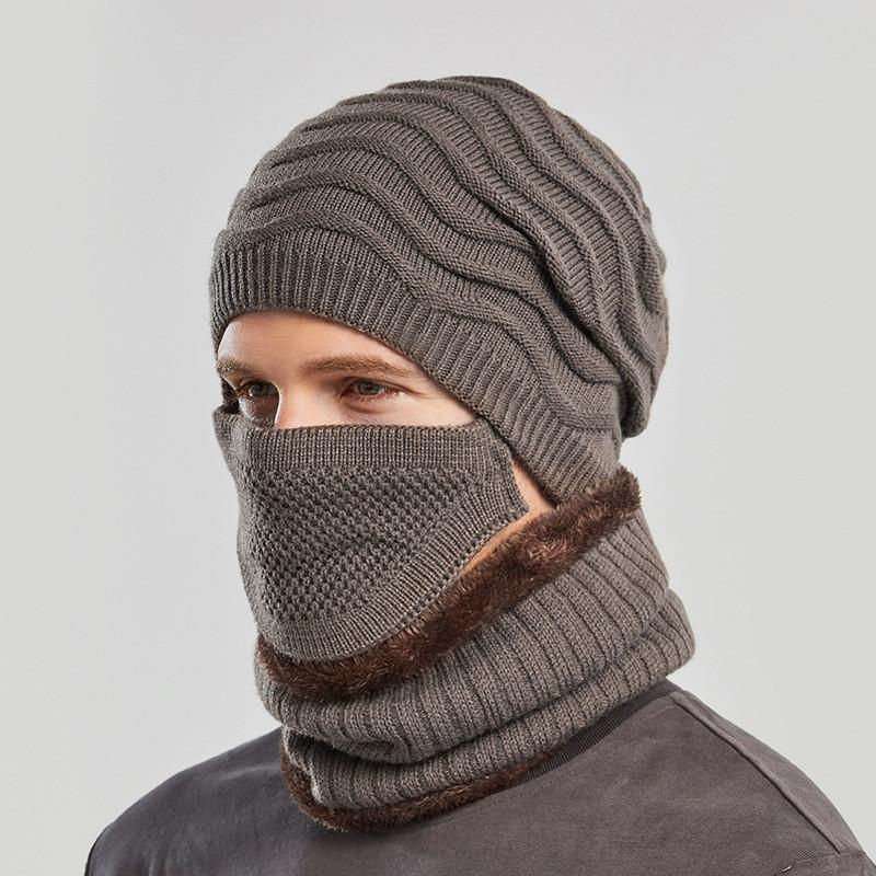 Knitted Hat Men Winter Warmth Windproof Cap Scarf Threepiece Set For Commuting