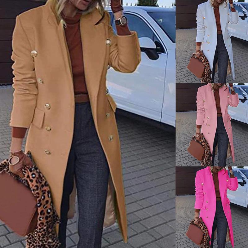 2024 Herbst/Winter Damen Langarm Midilanger Wollmischungs Doppelreiher Übermantel