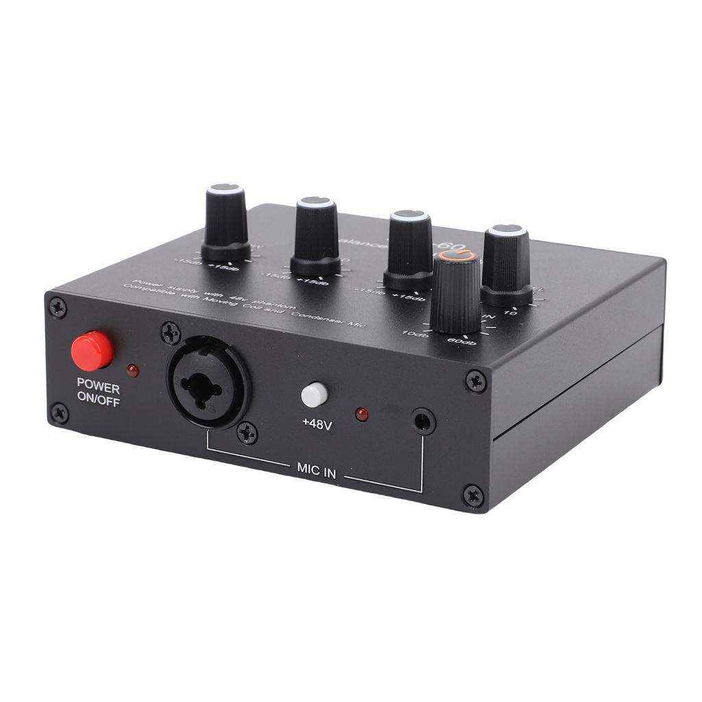 Microphone Preamp 3.5mm 6.5mm XLR Intput Output 60db Gain Condenser and Dynamic Mic Preamplifier with 48V Phantom Power