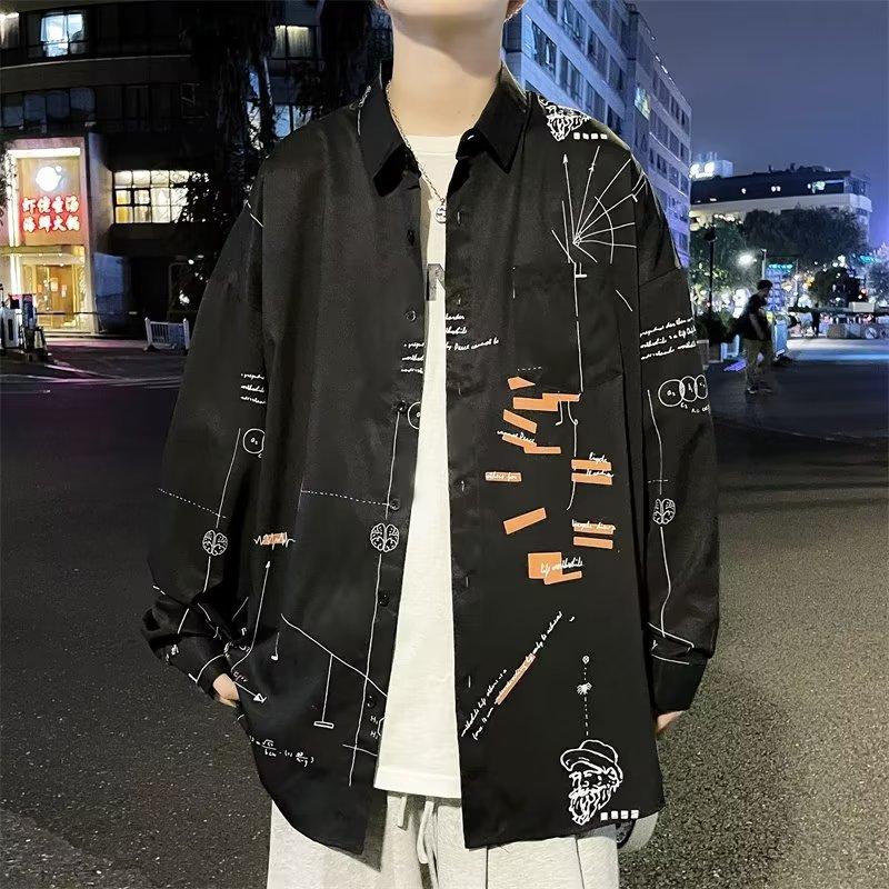 Hong Kong Style Long Sleeve Shirt Men's Trendy Japanese Style Slim-Fit Printed Shirt Spring and Autumn Fresh Korean Style Student Casual Shirt