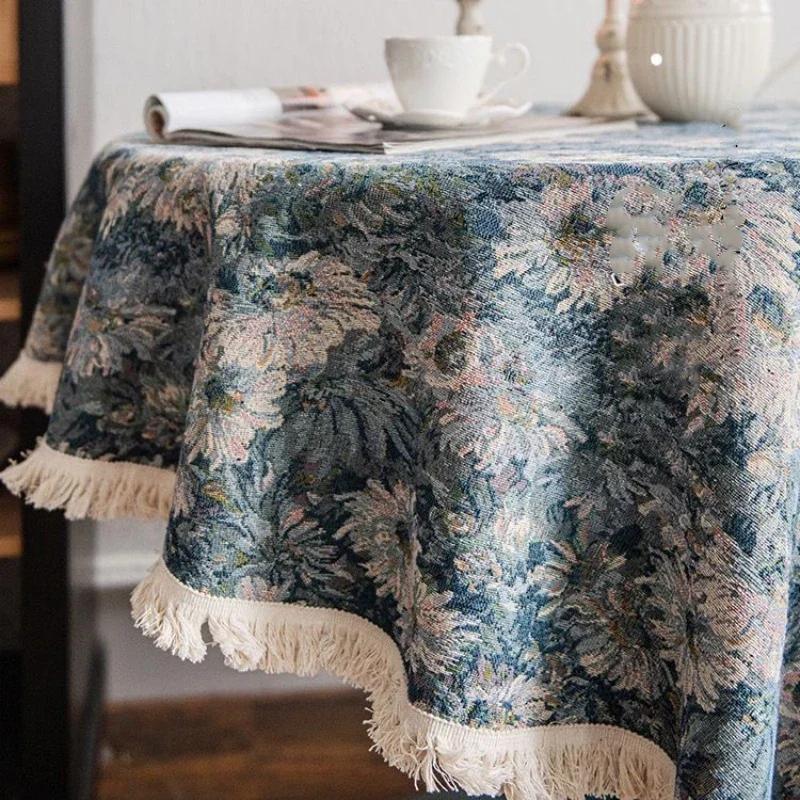 Round Retro Pastoral Tablecloth Square European American Cotton Linen Dining Table Tassel Cover Tea Table Writing Desk Table Mat