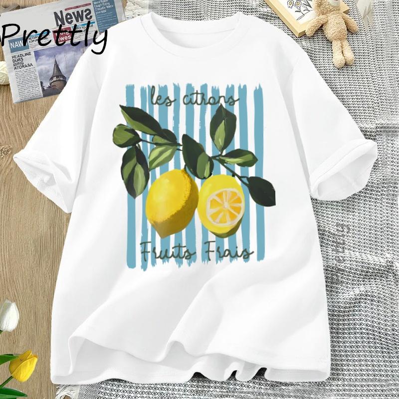 Sommer Zitrone T-Shirt Vintage Cottagecore Französisches T-Shirt Baumwolle Zitrone T-Shirt Urlaub Strand T-Shirt Lässige Kurzarmtops