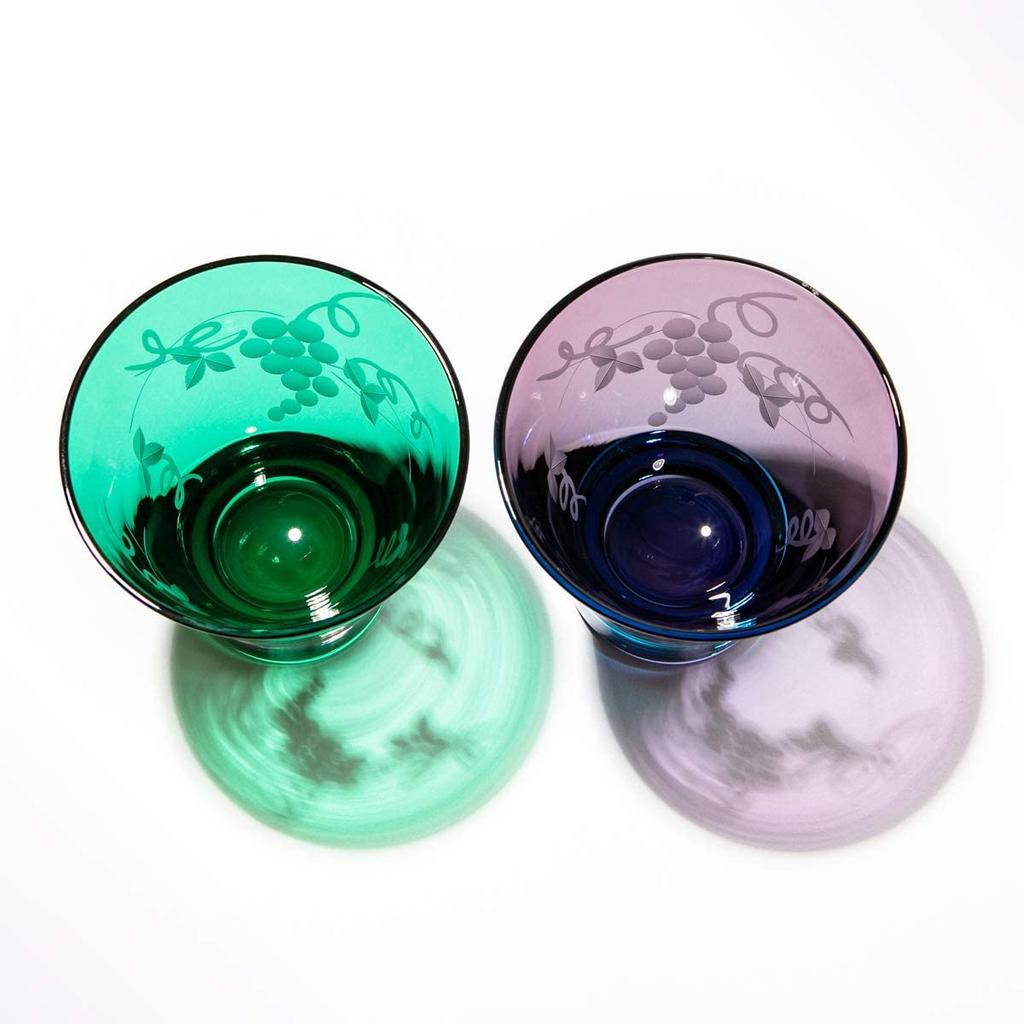 [Official Taiburo Studio] Edo Kiriko Grape Crest High-Based Old Glass Pair (Green and Edo Purple) TB30679/35679, Gift Boxed, Made In Japan