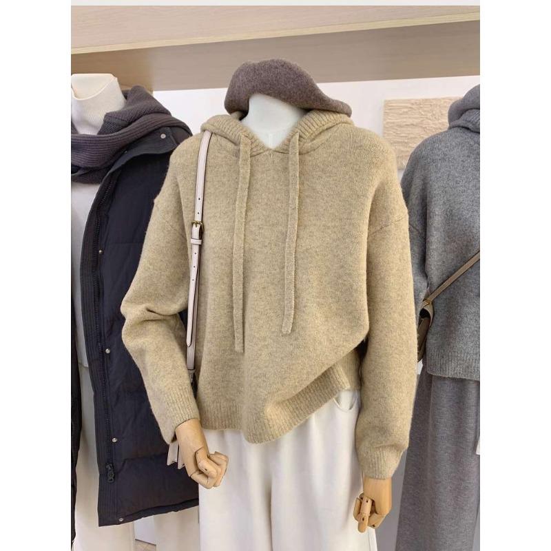 

Однотонный пуловер с капюшоном, осенне-зимний, ретро, тонкий, свободный, ленивый стиль, вязаный свитер XL верблюд