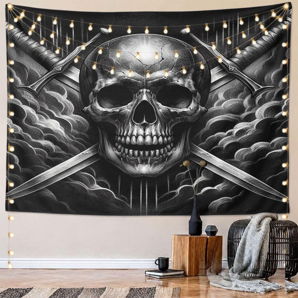 Skull with Crossed Swords in Dark Clouds Pattern Wall Hanging Tapestry Decorative Tapestry Home Decor for Bedroom and Living Room