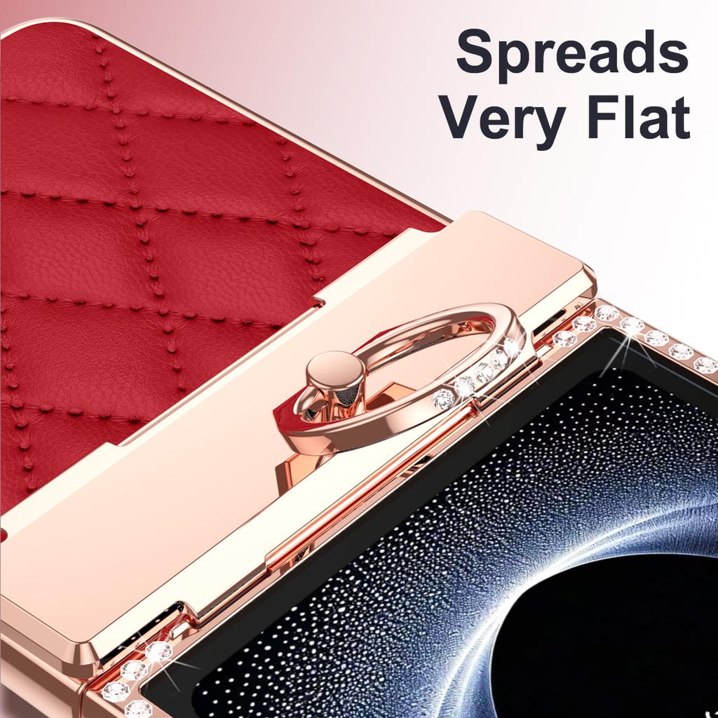 For Samsung Galaxy Z Flip7 5G Case Rhinestone Decoration Ring Holder Rhombus Leather + PC Phone Cover