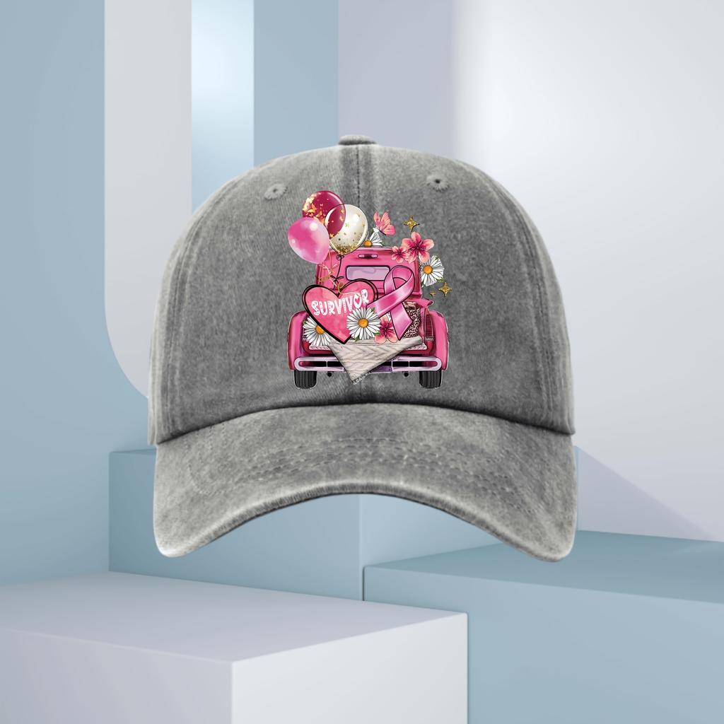 Breast Cancer Survivor Truck Graphic Baseball Cap Pink Ribbon Daisy Print Adjustable Casual Hat