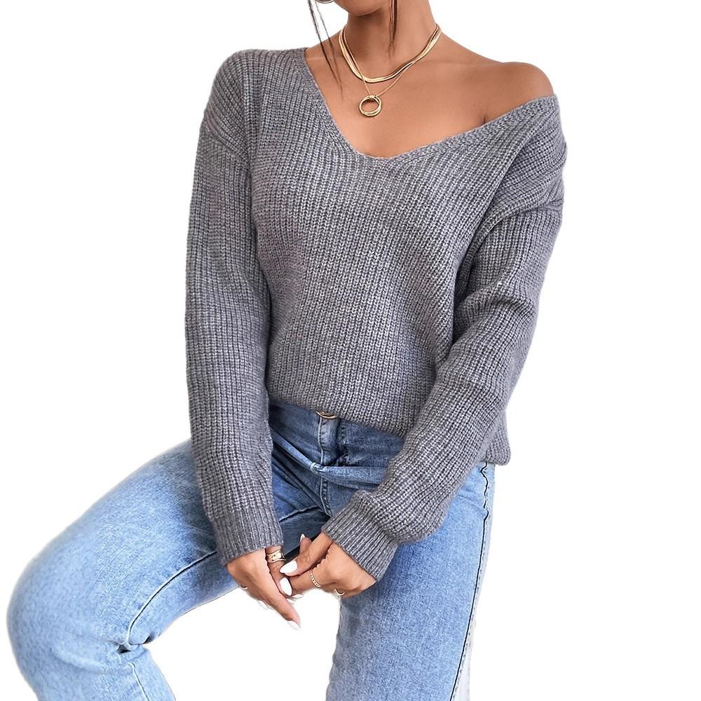 Novo Pulôver Sexy Sem Costas, Decote V Vazado, Manga Comprida com Renda e Patchwork de Tricô para Mulheres