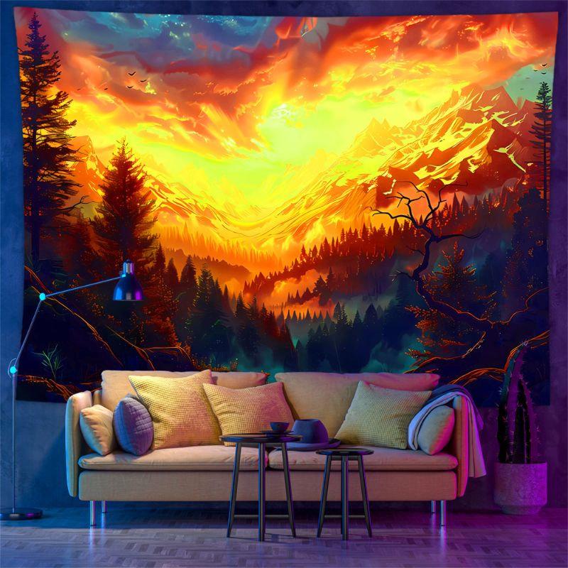 Sunset Mountain Tapestry Wall Hanging Orange Glow Pine Forest Valley Nature Landscape Aesthetic Wall Art Decor