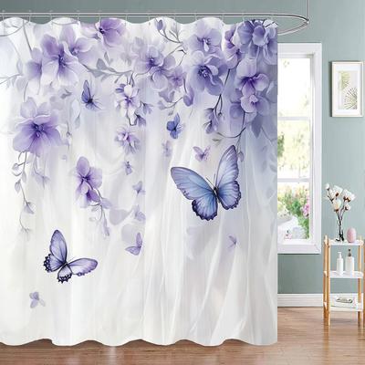 Beautiful Purple Flowers and Butterfly Pattern Shower Curtain,  Bathroom Decorative Shower Curtain,Home Curtain with Hooks