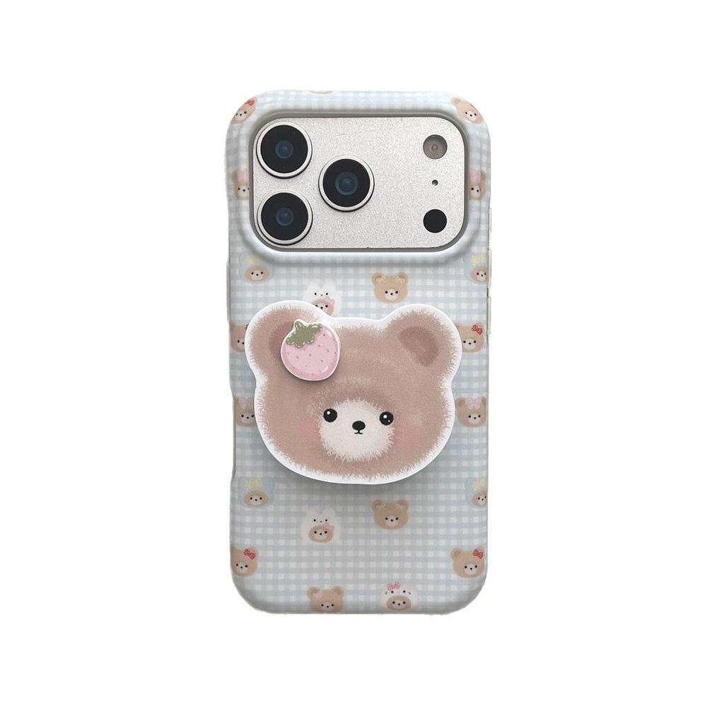 Plaid Little Bear Stand iPhone 14/13 & Apple 17/16/15 PROMAX Anti-fall Case