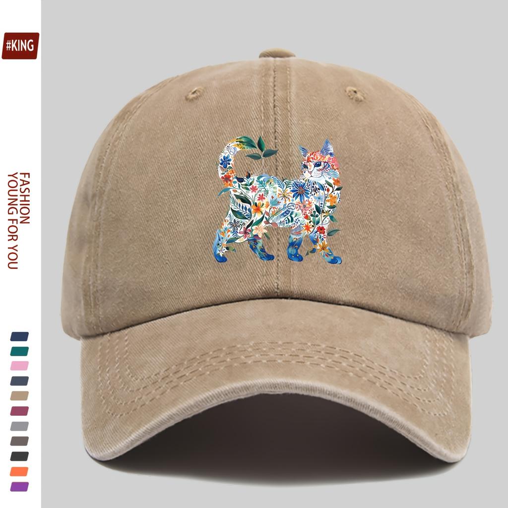 Floral Cat Print Baseball Cap Cotton Adjustable Unisex Casual Sports Outdoor Snapback Hat