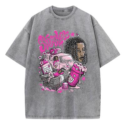 Woman Washed T-Shirts Stressless Funny Manga Print Short Sleeve Cotton Distressed Oversized Crewneck Tops Street Clothes