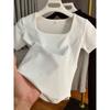 Special Offer Human Cotton Summer New Square Collar Shoulder Short-sleeved T-shirt Solid Color Slim-fitting and Thin Short Bottoming Top