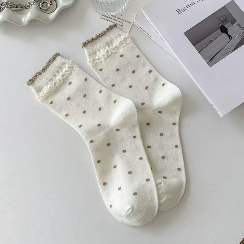 

Женские гольфы до середины икры, Хлопковые носки в стиле колледж, Махровые носки, Модные однотонные носки с двойным кружевом-пузырьком и принтом в горошек 1 pair кофейный/бежевый