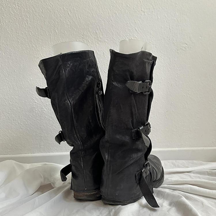 Belt buckle pleated medium boots women's summer outer wear retro transcendent foreign style side zipper old trousers western cowboy boots