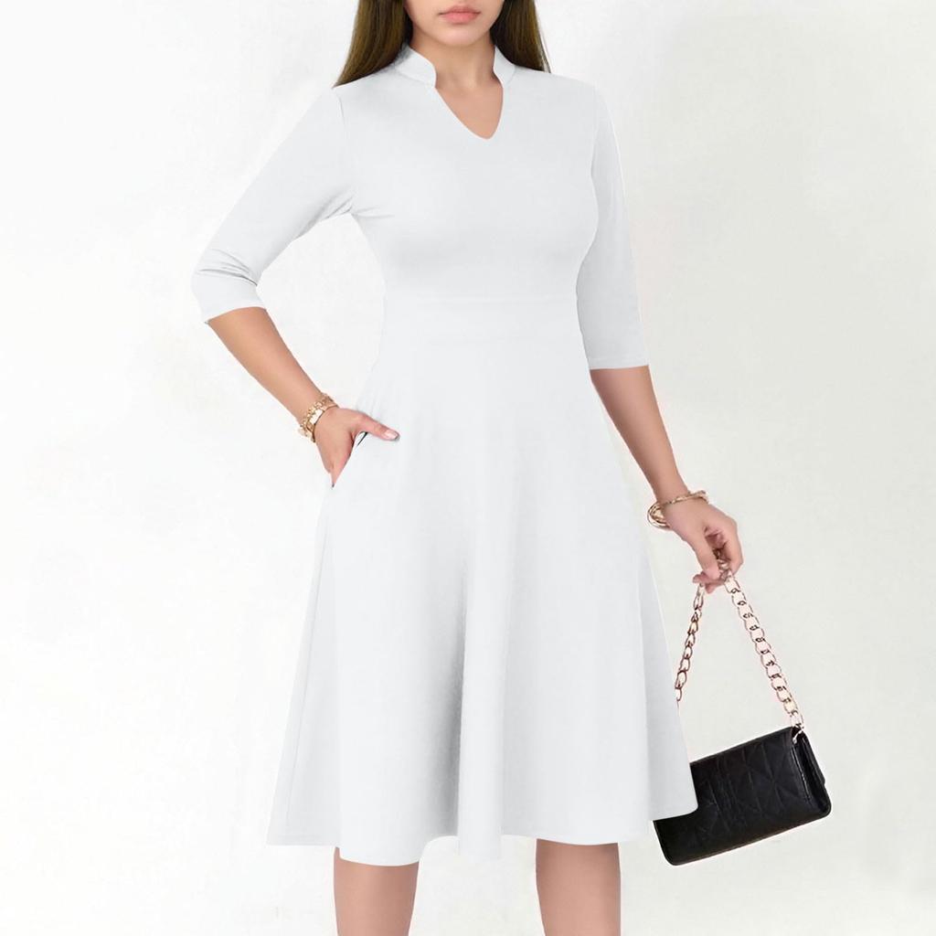 Women's Fashion V,Neck Three,Quarter Sleeve Church Work Dress With Pockets In Color