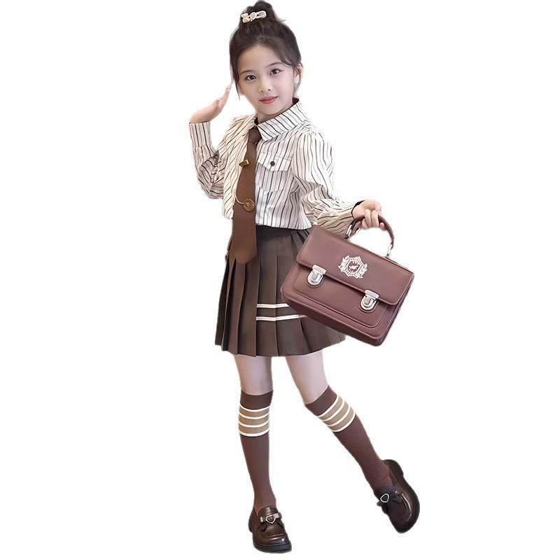 Girls' 2025 British Style Three-Piece Set: Mid-Length Trench Coat, Pleated Skirt, and Jacket for Spring/Autumn - New College Fashion.