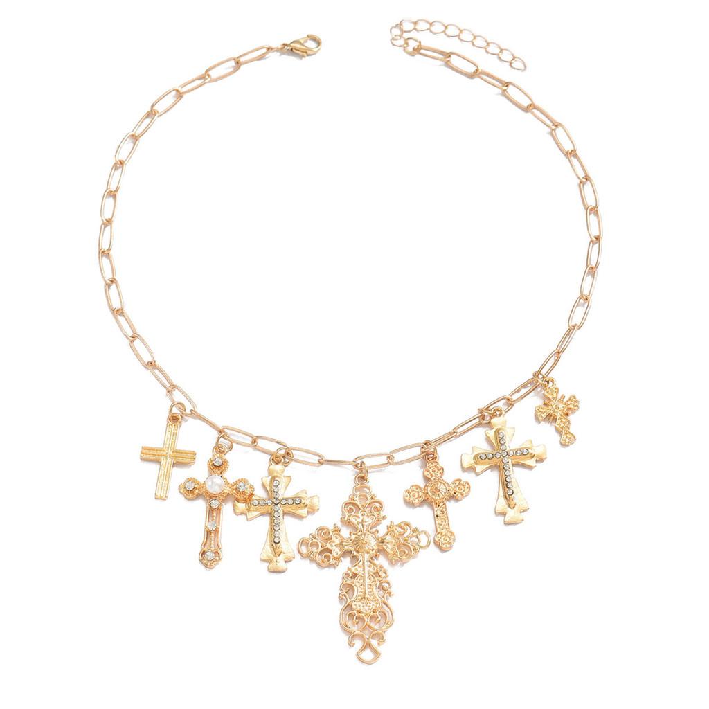 Hip Hop Cross Pendant Necklace With Rhinestone Decoration For Women Summer