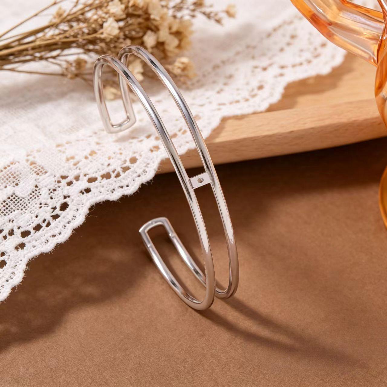 18K Gold Stainless Steel Double Line Open Cuff Bracelet for Women - European & American Style Jewelry 18K