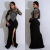 Women's European & American Fashion Slit Long Dress with Mesh and Hot Drilling Design
