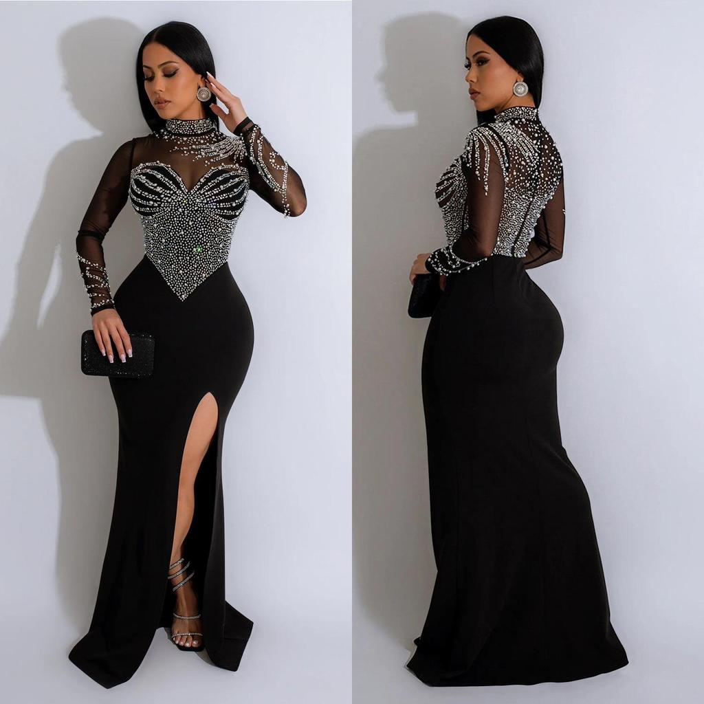 Women's European & American Fashion Slit Long Dress with Mesh and Hot Drilling Design
