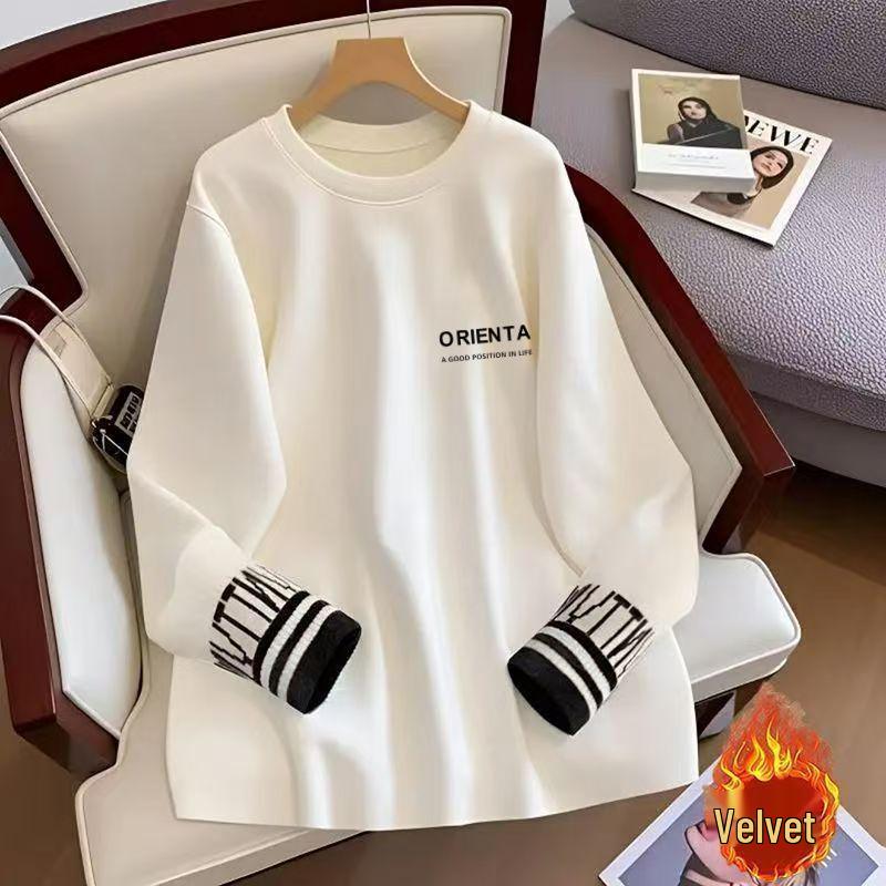 

Women s Plus Size White Long-Sleeve Mid-Length Fleece-Lined T-Shirt, Loose Fit, Round Neck, Student Base Layer M - Recommended 80-100 jin