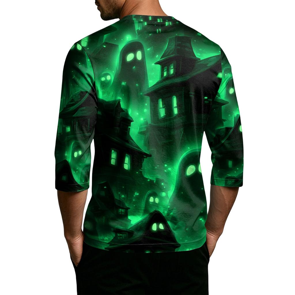 Men's Casual Halloween Printed Crew Neck T-Shirt Three Quarter Sleeve Top Lightweight Comfortable Fit for Everyday Wear