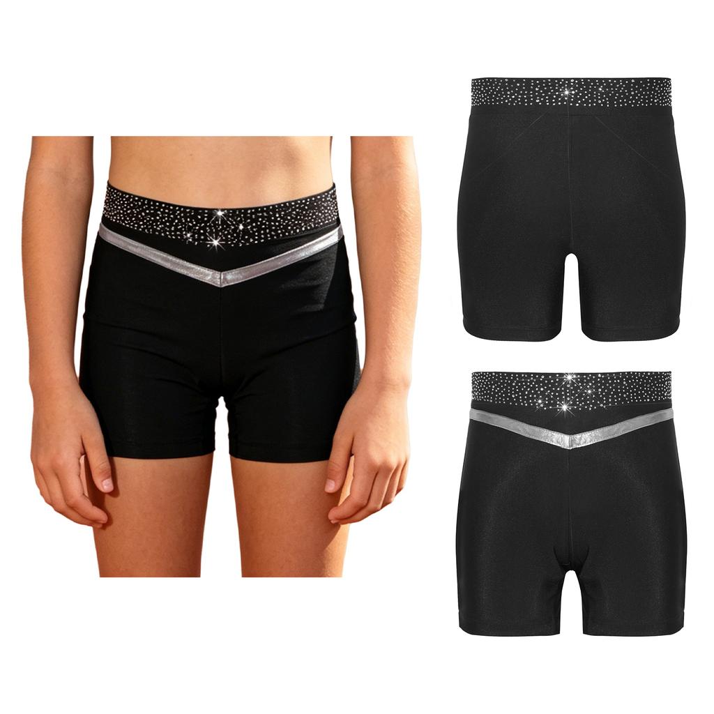 Girls Gymnastics Dance Shorts Metallic Trim Shiny Rhinestones Elastic Waistband Bottoms