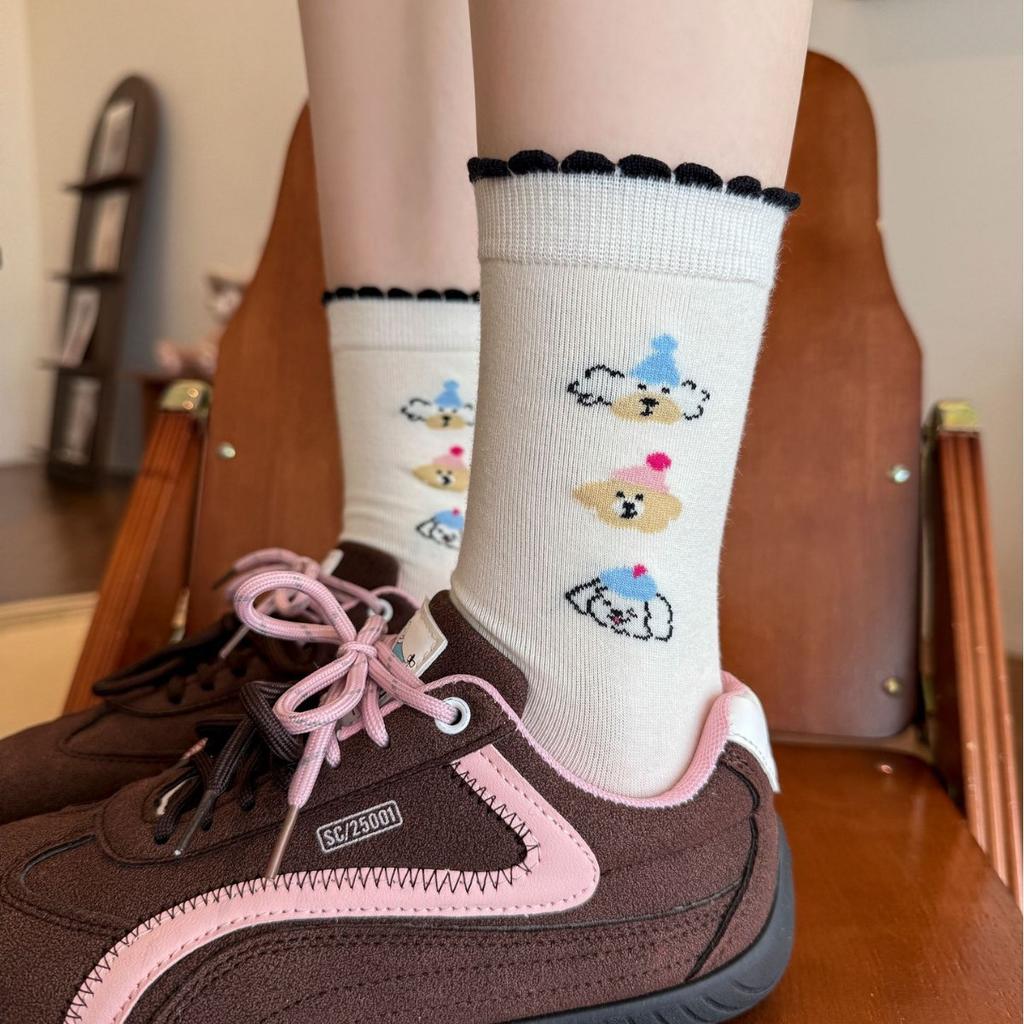 White Cartoon Socks Socks Spring Cotton Striped Stack Socks Cute Puppy Polka Dot Stockings