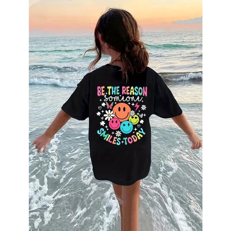 Girls Crew Neck Short Sleeve T-Shirt with Colorful Smiley Face & Letter Print 110