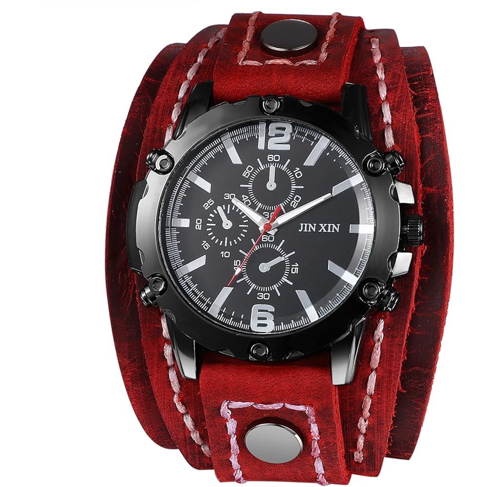 Rock Punk Men's Analog Quartz Watch Waterproof Leather Bracelet Wide Band Fashion Accessory