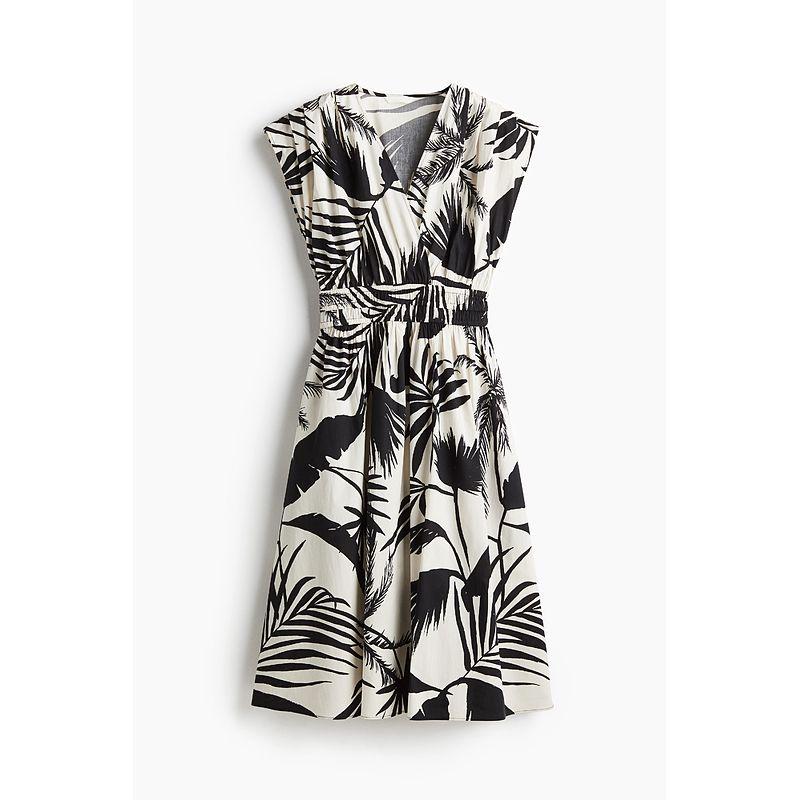 

HM Women s Clothing Dress 2025 Summer New Holiday Waist Pleated Short Sleeve Plant Print Long Skirt 1280533 White/Black Pattern 175/128