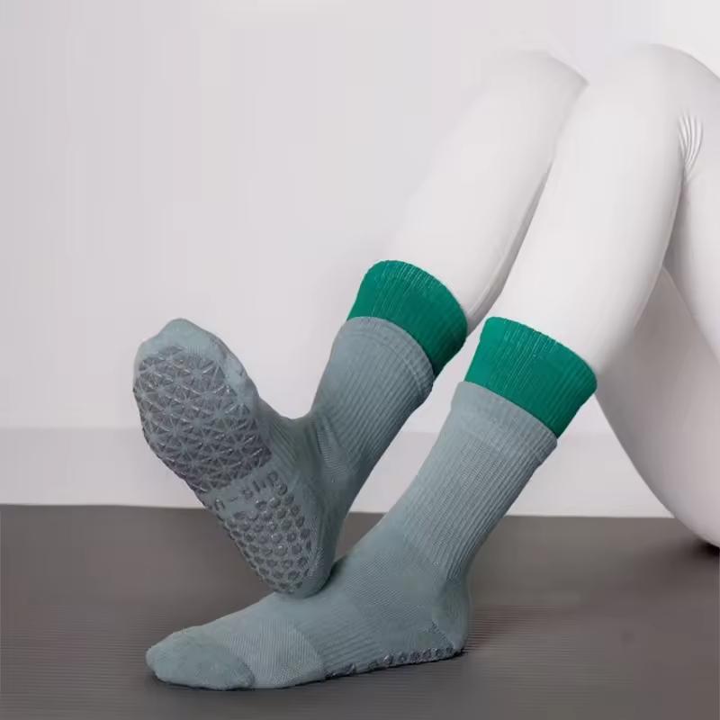 2color Double-layer Fabric Stretch Grip Indoor Exercise Practice Pressure Cotton Custom Logo MidCalf Pilates Yoga Socks