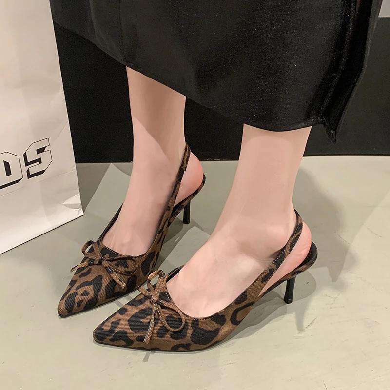 New Leopard Print Summer Pointed Toe High Heel Pumps Women's Sandals Fashion Slip-On Mules for Ladies Party Dress Shoes