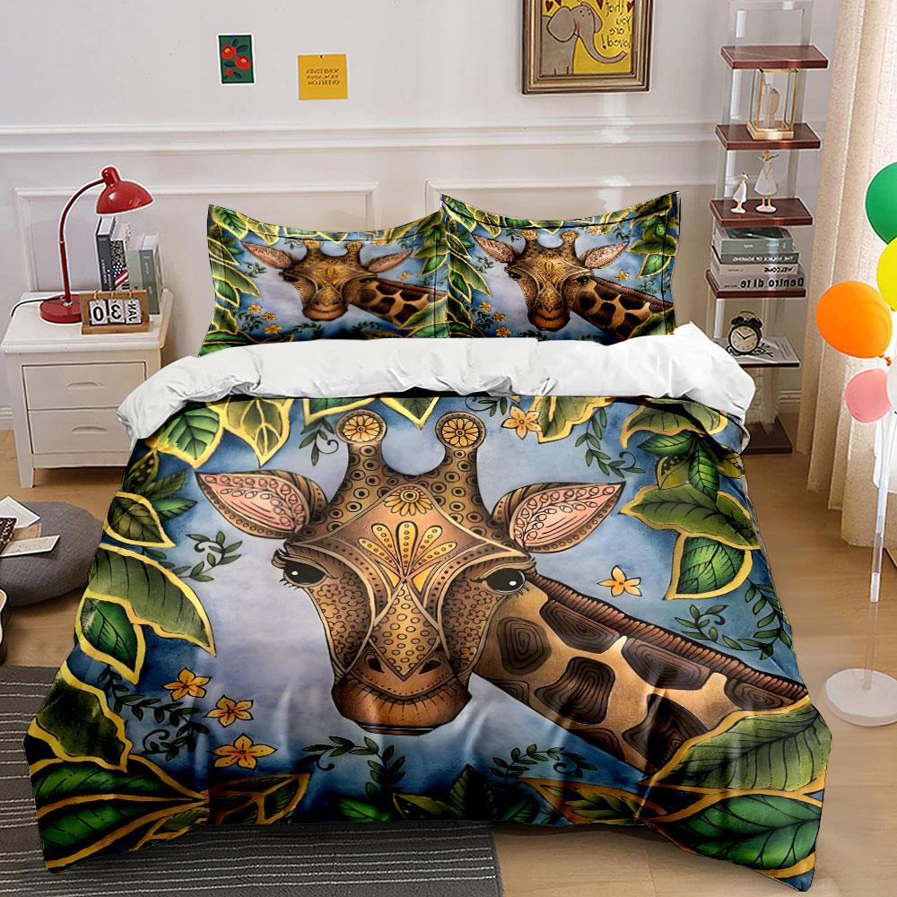 "Jungle-Themed Giraffe Art Set" Kid's and Adults' Bedroom Decor, Exquisite Three-piece Bedding Set Gift
