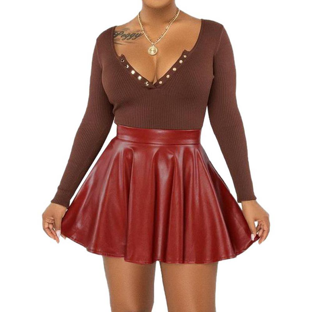 Women s Sexy Solid Color PU Mini A-line Skirt Large красный