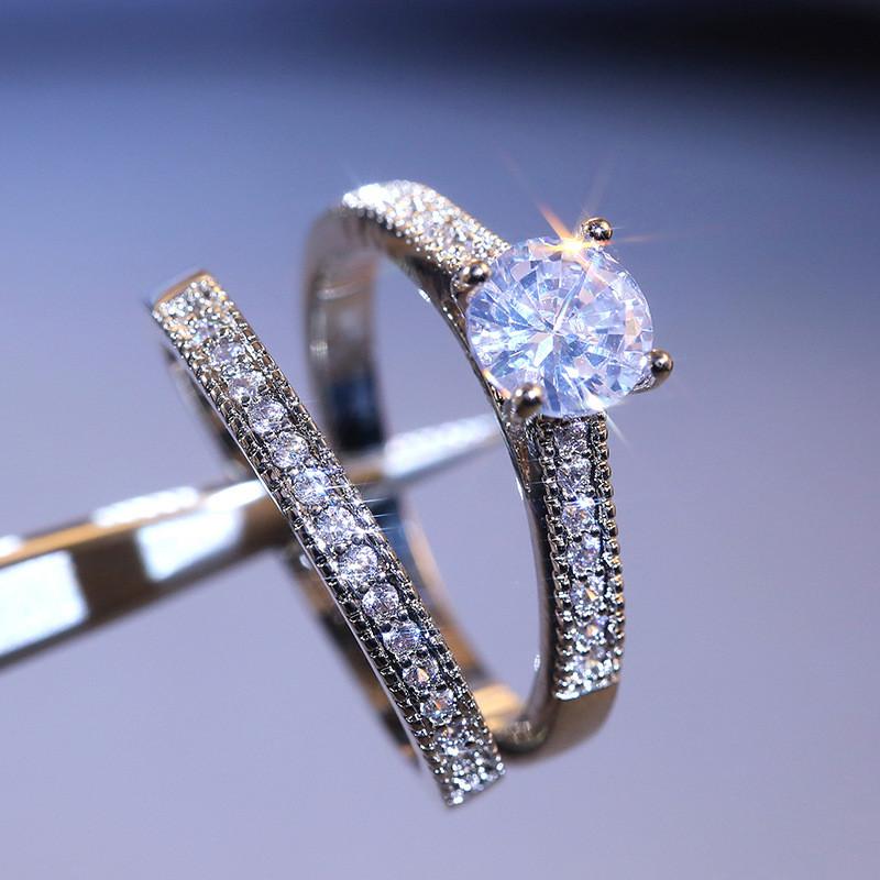 CopperFour Claws Round Ring for Women 2 pcs/set AAA Cubci Zirconia Wedding Rings Set Engagement Jewelry