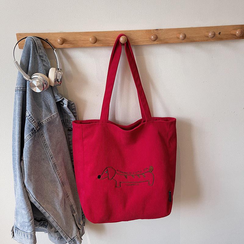 

Cute Puppy Embroidered Corduroy Shoulder Tote - Stylish & Versatile for Students 2025 червоний