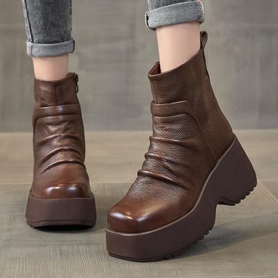 Mode GKTINOO Echtes Leder Plateau Stiefel Frühling Herbst Handgefertigt Dicke Sohle Kurze Stiefel Höhenerhöhend Runde Zehenpartie Damenschuhe