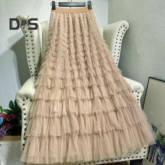 Dámská dortová sukně Jednobarevná sukně středního pasu Dlouhá sukně s elastickým pasem Síťovaný lem A-linii Maxi sukně pro každodenní nošení