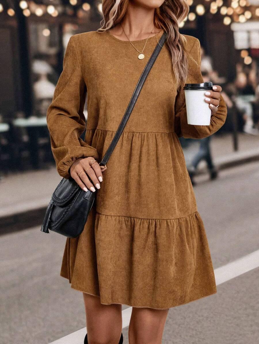 Autumn Women s Corduroy Long Sleeve Round Neck Dress S