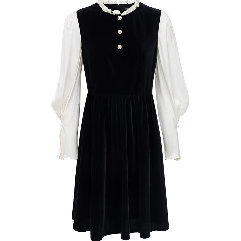 

VEROMODA Ruffle Neck Pearl Button A-Line Velvet Dress XL