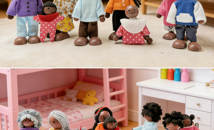 Realistic African American Family of 8: Movable Joint Wooden Dolls for Children's Pretend Play