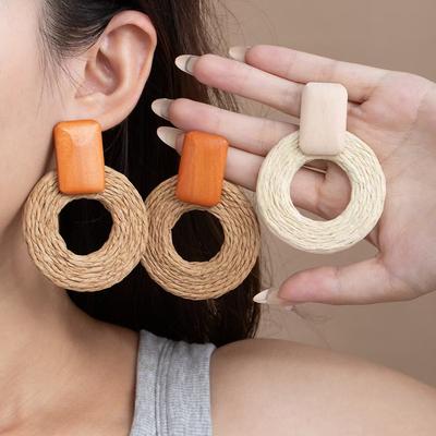 Seaside Travel Vacation Bohemian Wood Stud Earrings Handmade Rattan High-End Retro Personality Niche Earrings