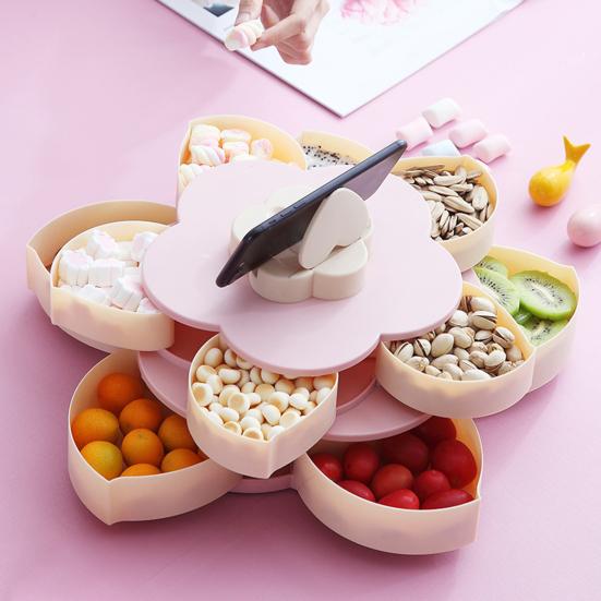 Rotating Fruit Plate with Lid 10 Divided Compartments Easy to Clean Snacks Dips Party Appetizers Plastic Snack Tray